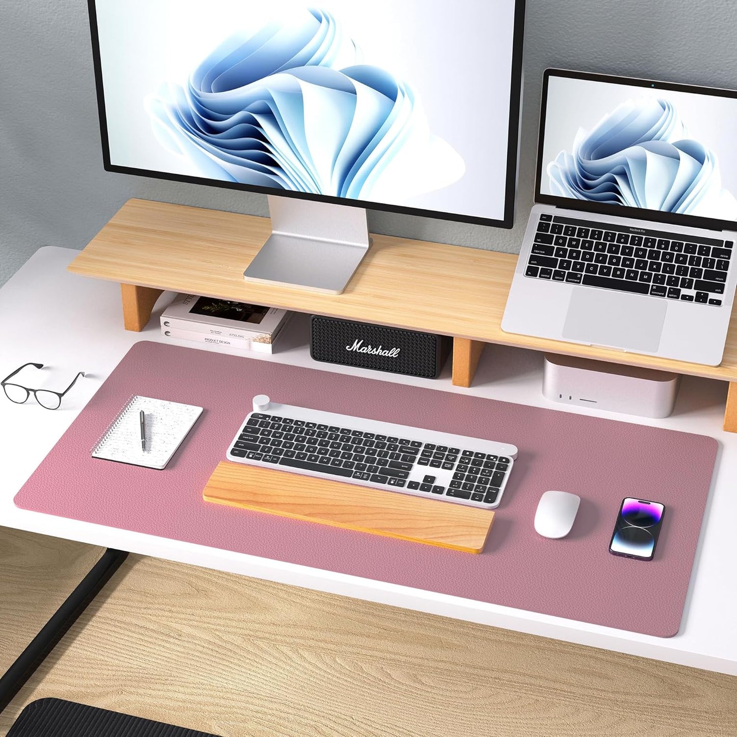 Leather Office Desk Mouse Pad Protector, Non-Slip PU Leather Laptop Desk Blotter/Mat, Waterproof Writing Pad for Office and Home, Dark Pink, 23.6" X 13.7"