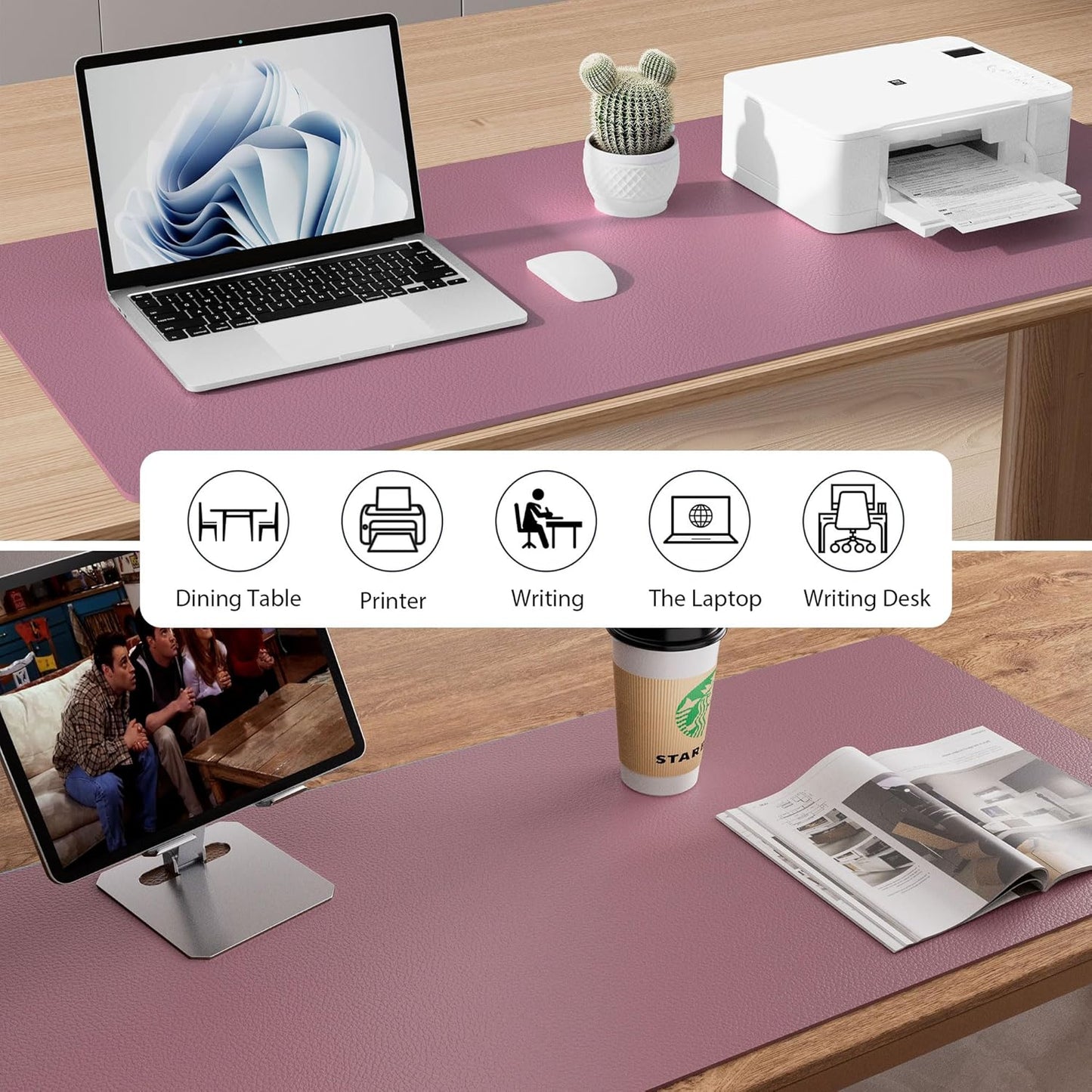 Leather Office Desk Mouse Pad Protector, Non-Slip PU Leather Laptop Desk Blotter/Mat, Waterproof Writing Pad for Office and Home, Dark Pink, 23.6" X 13.7"