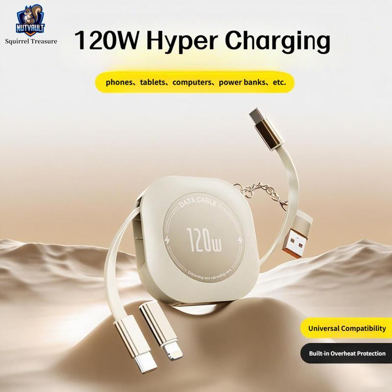 4-In-1 Retractable Cable, 120W Fast Charging, Type-C, Lightning, USB-C, USB-A, Compatible with Iphone 16/15/14/13/12/11, Android, Ipad, Laptops, Thermalsafe Charge - No Overcharge