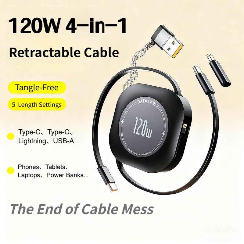 4-In-1 Retractable Cable, 120W Fast Charging, Type-C, Lightning, USB-C, USB-A, Compatible with Iphone 16/15/14/13/12/11, Android, Ipad, Laptops, Thermalsafe Charge - No Overcharge