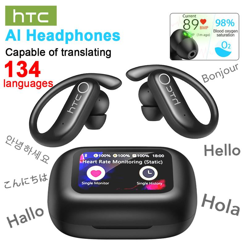 HTC NE61 Translation Wireless Bluetooth Earbuds, Heart Rate Monitor, IPX5 Waterproof, Support 134 Languages Real Time Bluetooth Translation, up to 45H Battery, Noise Cancelling Headphones, with LCD Full Color Touch Screen, Works with Ios & Android