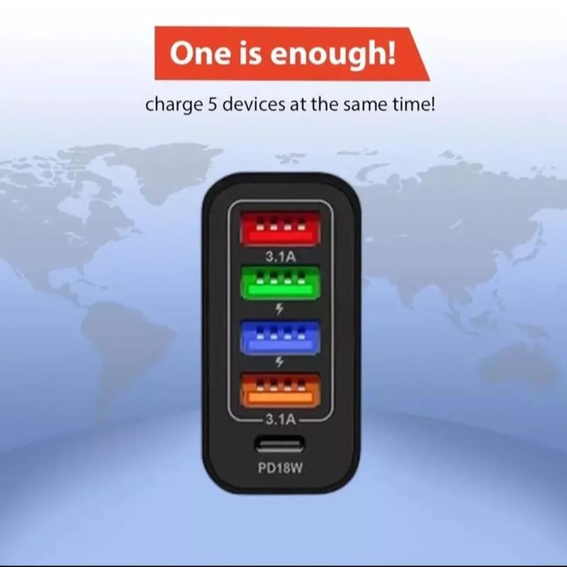 48W High Speed Multiple Port Adapter in Black, 4 USB Port & 1 DD Port Adapter, Universal Compatible Adapter Wall Charger