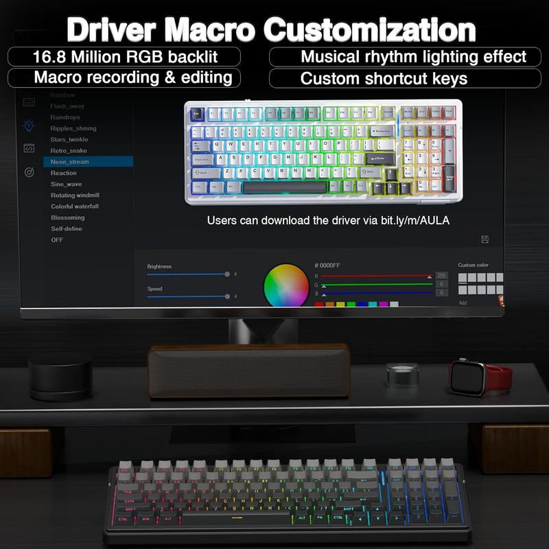 AULA F99 Pro Wireless Mechanical Keyboard with Knob,Tri-Mode Bt5.0/Usb-C/2.4Ghz Hot Swappable Keyboard,Pre-Lubed Switches,Gasket Structure,Rgb Backlit Computer Gaming Keyboard (White&Blue&Purple)