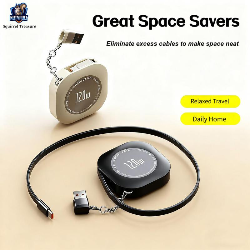 4-In-1 Retractable Cable, 120W Fast Charging, Type-C, Lightning, USB-C, USB-A, Compatible with Iphone 16/15/14/13/12/11, Android, Ipad, Laptops, Thermalsafe Charge - No Overcharge