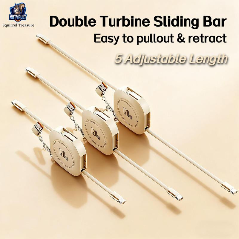 4-In-1 Retractable Cable, 120W Fast Charging, Type-C, Lightning, USB-C, USB-A, Compatible with Iphone 16/15/14/13/12/11, Android, Ipad, Laptops, Thermalsafe Charge - No Overcharge