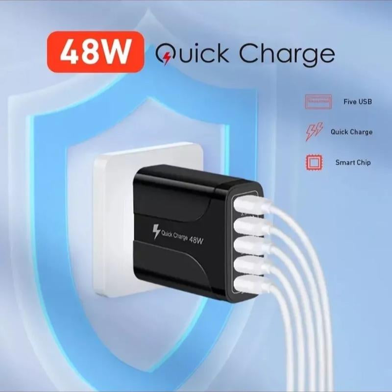 48W High Speed Multiple Port Adapter in Black, 4 USB Port & 1 DD Port Adapter, Universal Compatible Adapter Wall Charger
