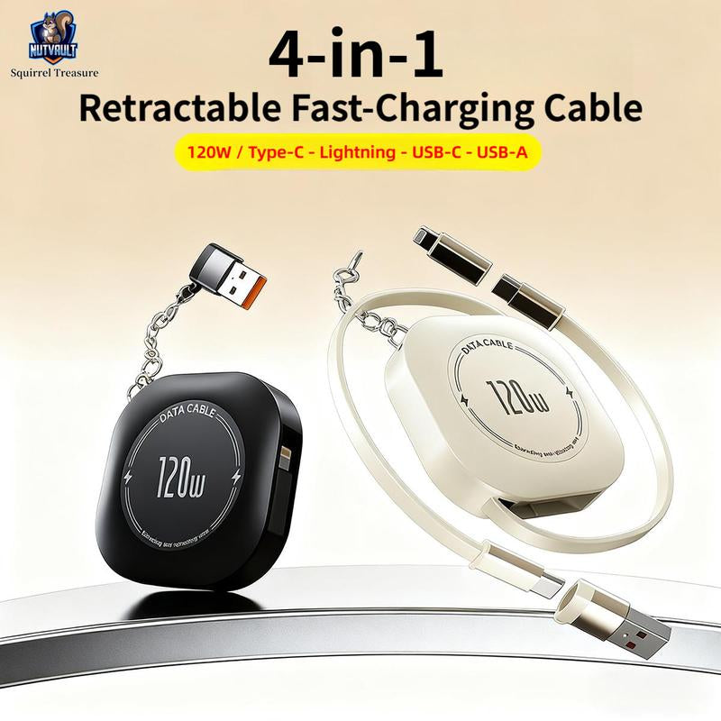 4-In-1 Retractable Cable, 120W Fast Charging, Type-C, Lightning, USB-C, USB-A, Compatible with Iphone 16/15/14/13/12/11, Android, Ipad, Laptops, Thermalsafe Charge - No Overcharge