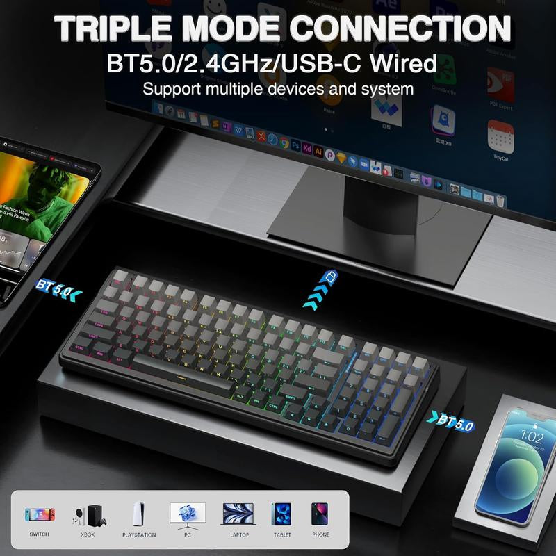 AULA F99 Pro Wireless Mechanical Keyboard with Knob,Tri-Mode Bt5.0/Usb-C/2.4Ghz Hot Swappable Keyboard,Pre-Lubed Switches,Gasket Structure,Rgb Backlit Computer Gaming Keyboard (White&Blue&Purple)