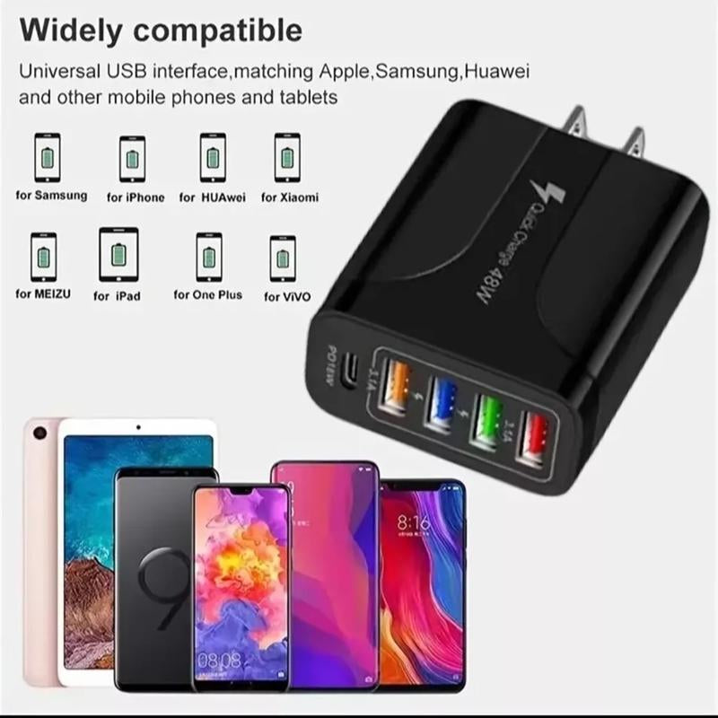 48W High Speed Multiple Port Adapter in Black, 4 USB Port & 1 DD Port Adapter, Universal Compatible Adapter Wall Charger