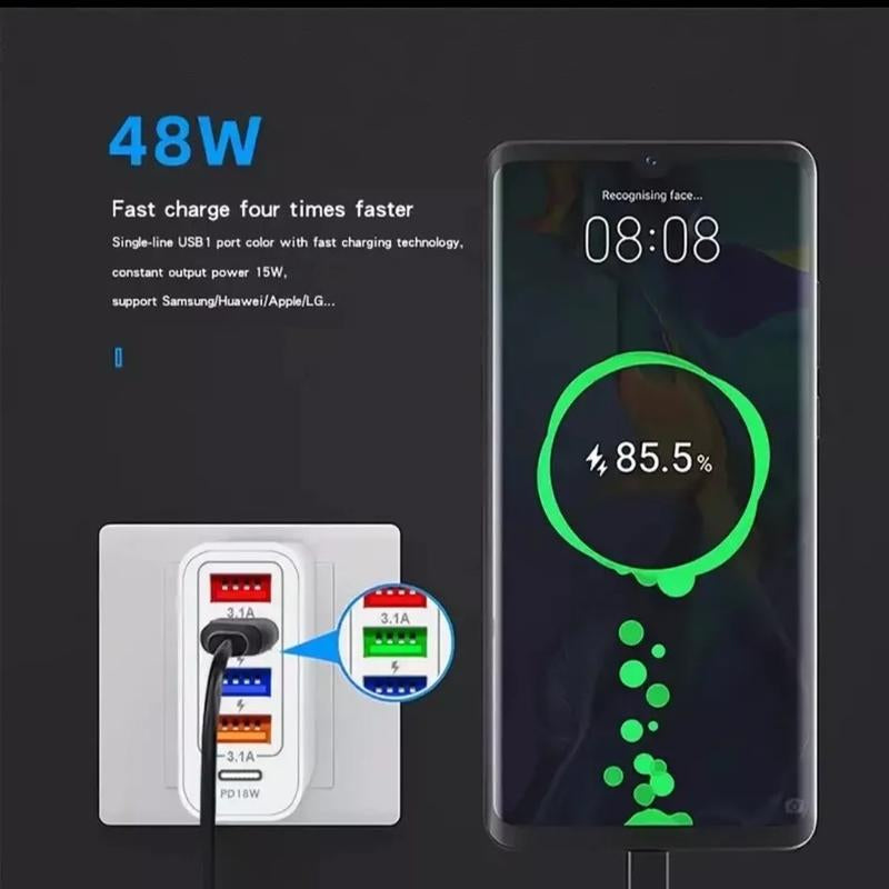 48W High Speed Multiple Port Adapter in Black, 4 USB Port & 1 DD Port Adapter, Universal Compatible Adapter Wall Charger
