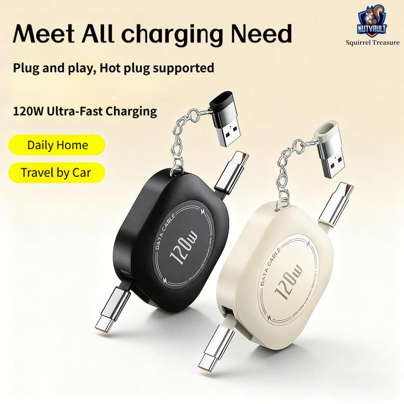 4-In-1 Retractable Cable, 120W Fast Charging, Type-C, Lightning, USB-C, USB-A, Compatible with Iphone 16/15/14/13/12/11, Android, Ipad, Laptops, Thermalsafe Charge - No Overcharge