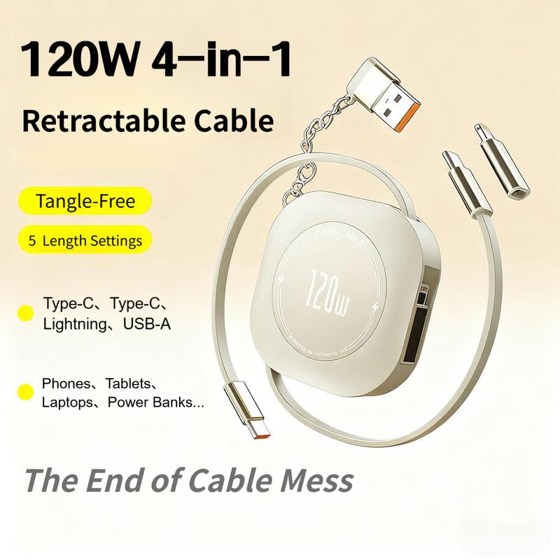4-In-1 Retractable Cable, 120W Fast Charging, Type-C, Lightning, USB-C, USB-A, Compatible with Iphone 16/15/14/13/12/11, Android, Ipad, Laptops, Thermalsafe Charge - No Overcharge