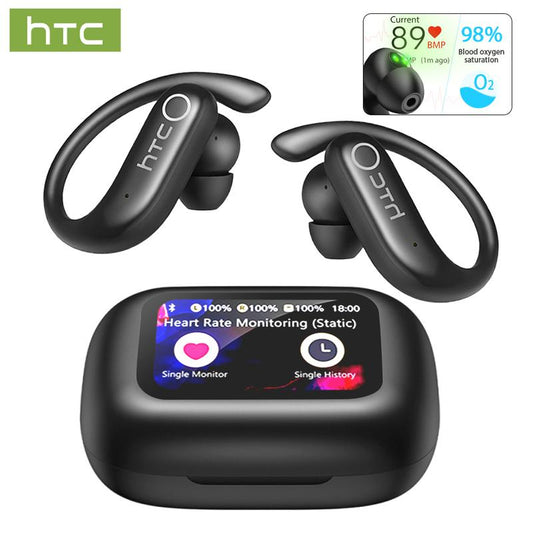 HTC NE61 Translation Wireless Bluetooth Earbuds, Heart Rate Monitor, IPX5 Waterproof, Support 134 Languages Real Time Bluetooth Translation, up to 45H Battery, Noise Cancelling Headphones, with LCD Full Color Touch Screen, Works with Ios & Android