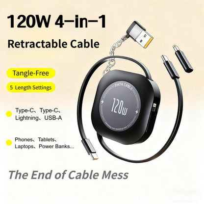 4-In-1 Retractable Cable, 120W Fast Charging, Type-C, Lightning, USB-C, USB-A, Compatible with Iphone 16/15/14/13/12/11, Android, Ipad, Laptops, Thermalsafe Charge - No Overcharge