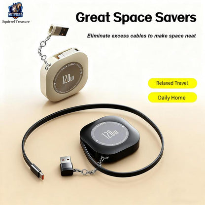 4-In-1 Retractable Cable, 120W Fast Charging, Type-C, Lightning, USB-C, USB-A, Compatible with Iphone 16/15/14/13/12/11, Android, Ipad, Laptops, Thermalsafe Charge - No Overcharge