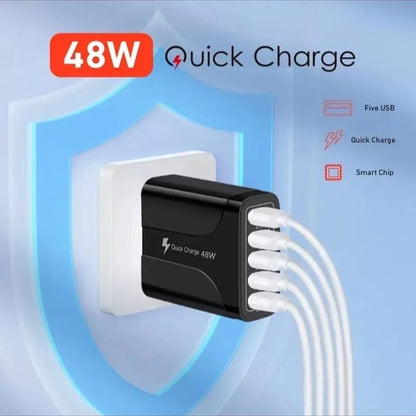 48W High Speed Multiple Port Adapter in Black, 4 USB Port & 1 DD Port Adapter, Universal Compatible Adapter Wall Charger