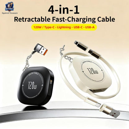 4-In-1 Retractable Cable, 120W Fast Charging, Type-C, Lightning, USB-C, USB-A, Compatible with Iphone 16/15/14/13/12/11, Android, Ipad, Laptops, Thermalsafe Charge - No Overcharge
