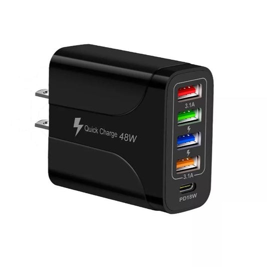 48W High Speed Multiple Port Adapter in Black, 4 USB Port & 1 DD Port Adapter, Universal Compatible Adapter Wall Charger