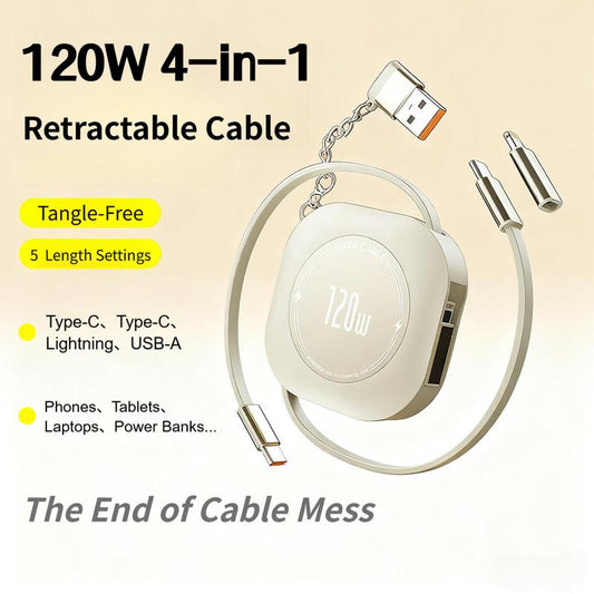 4-In-1 Retractable Cable, 120W Fast Charging, Type-C, Lightning, USB-C, USB-A, Compatible with Iphone 16/15/14/13/12/11, Android, Ipad, Laptops, Thermalsafe Charge - No Overcharge