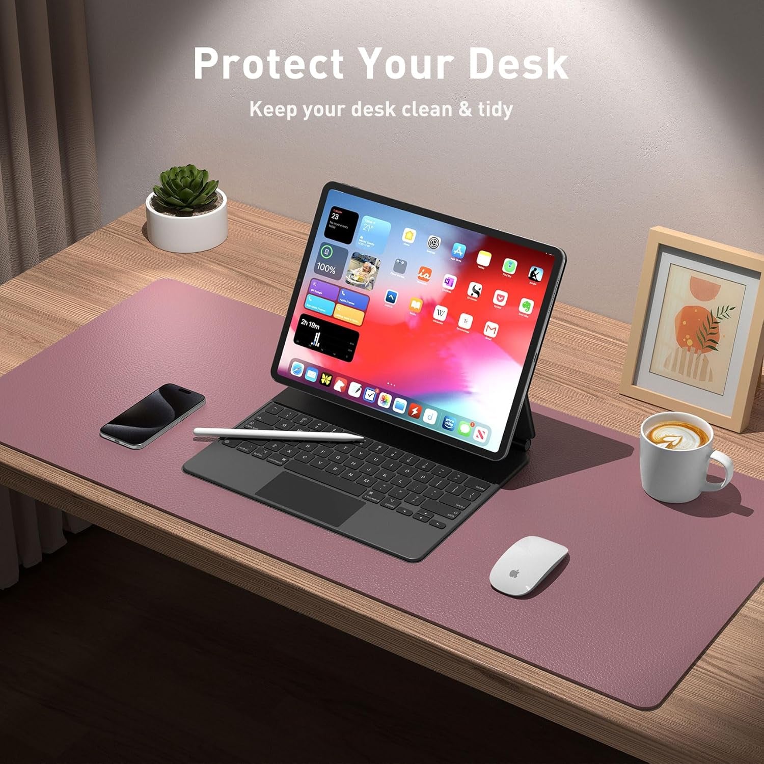 Leather Office Desk Mouse Pad Protector, Non-Slip PU Leather Laptop Desk Blotter/Mat, Waterproof Writing Pad for Office and Home, Dark Pink, 23.6" X 13.7"